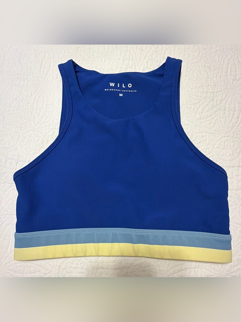 WILO Blue Sports Bra with Pastel Stripe Detail